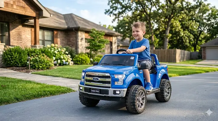 A 5-year-old boy happily driving a blue electric ride-on truck in a suburban driveway. ride on toys for 5 year old boy