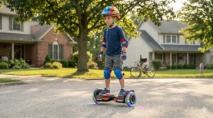 A self-balancing hoverboard with glowing LED wheels being used by an 8-year-old on a flat surface.