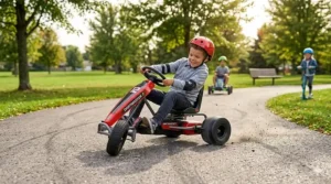 A high-performance drift trike for 7-year-olds performing a controlled skid.
