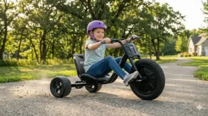A child performing a controlled turn on a black three-wheel drift trike ride-on toy.