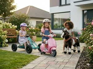 Illustration of a purple three-wheel kick scooter designed for stability for a 5 year old girl.