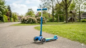 A sturdy three-wheel kick scooter with LED wheels suitable for a 6 year old's balance level.