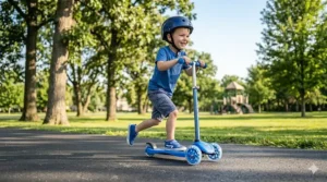 A 5-year-old boy riding a lean-to-steer 3-wheel kick scooter with LED light-up wheels.