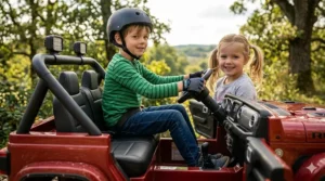 Two 8-year-old friends sitting comfortably in a spacious 24V two-seater ride-on UTV with a high weight capacity.