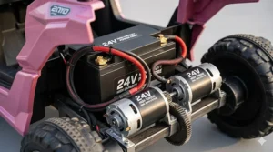 Illustration of a powerful 24V battery and dual motor system found in pink ride-on toys for older kids.