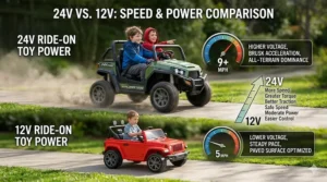 Comparison chart showing the increased speed and torque of 24-volt ride-on toys vs 12v models.