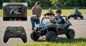 Illustration of a parent using a remote speed limiter on a 48-volt ride on toy for 8-10 year olds.
