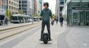 A teen using a futuristic self-balancing electric unicycle to commute down a city sidewalk.