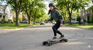 A teenage girl coasting smoothly down a suburban street on a wireless remote-controlled electric longboard.