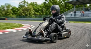 A teenager wearing a helmet racing a fast electric go-kart on a paved outdoor track.