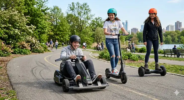 A group of teenagers riding different types of motorized ride on toys like electric scooters and go-karts outdoors on a sunny day. ride on toys for teens