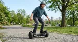 An older kid balancing on a rugged all-terrain hoverboard with large rubber wheels on a gravel path.
