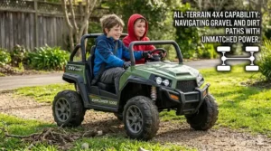 Illustration of a 24V 4x4 ride-on truck navigating tall grass and gravel paths effortlessly.