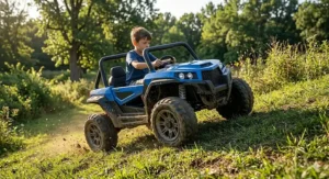 Digital graphic of a 48-volt electric ride on toy climbing a grassy hill to show off-road performance.