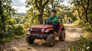A young boy driving a powerful 24V ride-on toy truck over a grassy hill, showcasing high-performance outdoor play for 8-year-olds.