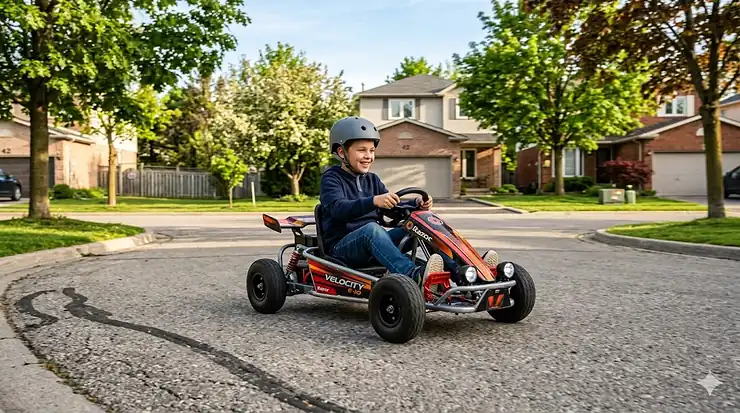 A smiling 10 year old boy riding a fast electric go-kart on a paved neighborhood driveway. ride on toys for 10 year olds