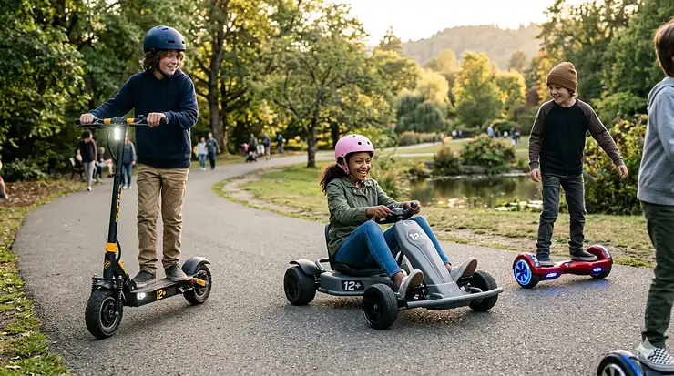 A teenager wearing a hoodie steering an electric go-kart on an outdoor track, representing high-performance ride on toys for 12 year olds.