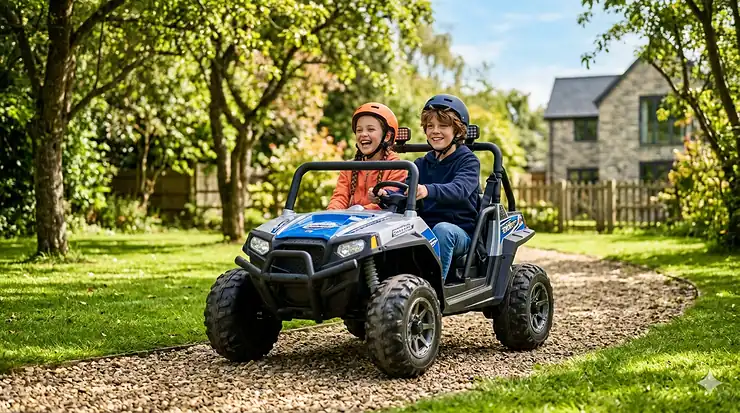 Two older children smiling while driving a large battery powered truck, showcasing the best ride on toys for big kids outdoors.