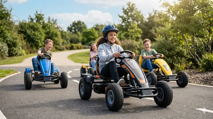A group of older kids racing electric go-karts down a paved track, showcasing durable ride-on toys designed for older children. ride on toys for older kids