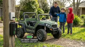 Illustration of a 24V ride-on toy connected to a smart charger for optimal battery life.