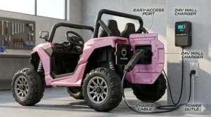 Illustration showing the easy-access charging port for a 24V pink electric vehicle for 10-year-olds.