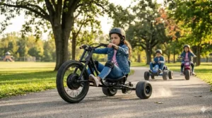 A 9-year-old boy performing a controlled spin on a motorized drift trike with rear slick wheels.