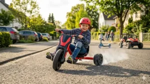 A 9-year-old kid drifting safely around a corner on a heavy-duty three-wheel drift trike.