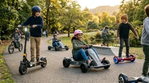 A preteen drifting on a three-wheel electric scooter, showing active ride on toys for 12 year olds.
