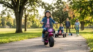 A high-speed electric go-kart designed with an adjustable frame for 8 to 10 year old riders.