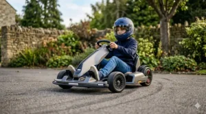 A youth racing a blue electric go-kart down a paved driveway, representing high-speed ride on toys for big kids.