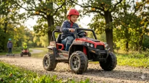 A rugged four-wheel electric ATV ride-on toy designed for older kids riding over grass.