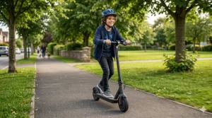 An illustration of a preteen boy riding a sleek electric scooter on a sidewalk, highlighting motorized ride-on toys for older kids.