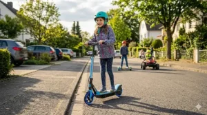 An illustration of a 9-year-old wearing a helmet while riding a sleek electric scooter on a paved park path.
