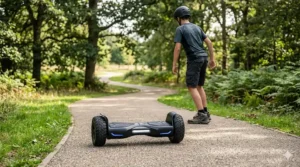 A modern vector graphic of a teenager balancing on an all-terrain electric hoverboard, representing tech-focused ride-on toys for older kids.
