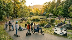 A group of preteens and teenagers riding advanced electric scooters and hoverboards smoothly down a paved park path in natural daylight.