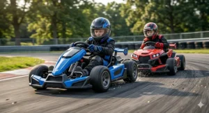 Illustration of two 10-year-old children racing 48-volt ride on toys on a paved track.