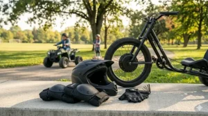 A rugged 24V electric quad bike for kids driving through a dirt trail, emphasizing off-road ride-on toy capabilities.
