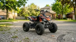 Illustration of a powerful four-wheel electric quad ATV scaled as a ride on toy for 10 year olds.