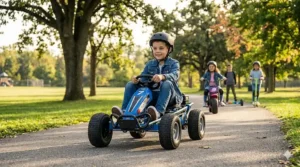 A pre-teen girl riding a sleek teal electric scooter on a paved suburban sidewalk.