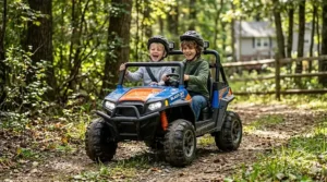 Overhead view showing the wide leather seat and spacious legroom of a 2-seater ride-on toy for 10-year-olds.
