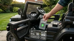 Illustration of a removable 24V battery pack providing extended playtime for 2-seater electric toys.