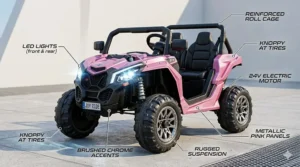 A stylish, modern pink 24V UTV-style ride-on toy with realistic headlights and chrome accents.