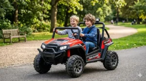 A rugged 2-seater off-road buggy with rubber tires traversing a gravel or grassy path.