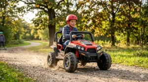 A powerful battery-powered go-kart being driven by a preteen through a backyard dirt trail.