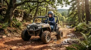 A heavy-duty toy UTV with large rubber tires driving over dirt tracks, perfect as outdoor ride on toys for big kids.