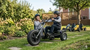 A bright illustration of children playing outside in a backyard with a big-wheel cruiser, emphasizing the outdoor fitness benefits of ride-on toys for older kids.