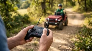 A parent using a 2.4G remote control to guide a 24V ride-on toy for added safety.