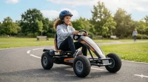 A colorful graphic of a young girl steering a heavy-duty pedal go-kart, a popular style of mechanical ride-on toys for older kids.