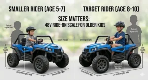 Size comparison chart showing a 48-volt ride on toy scaled for 8 to 10 year old riders.