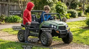 Size guide illustration showing the legroom and seat width of 24V toys for kids aged 8 to 10.